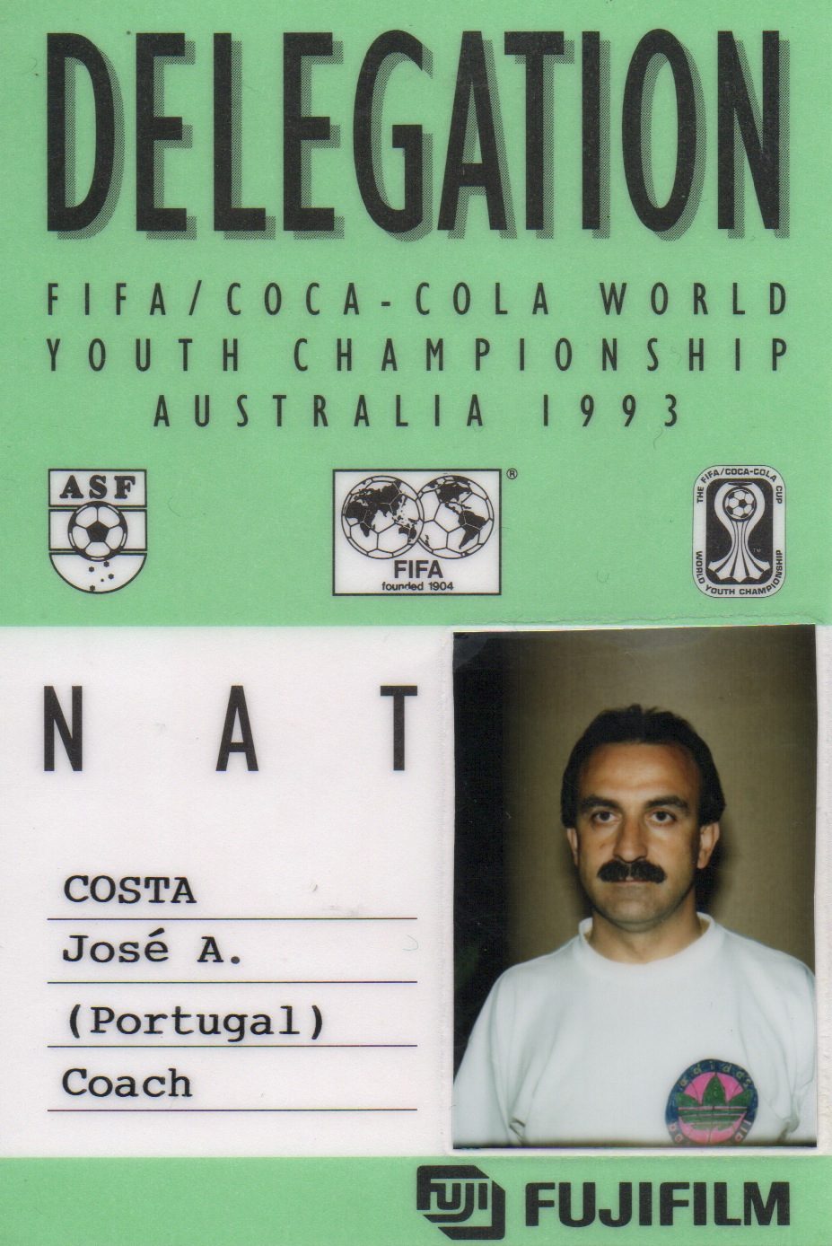 Green accreditation card reading “Delegation, FIFA/Coca-Cola World Youth Championship Australia 1993”, with José A. Costa’s photo, Portugal, Coach
