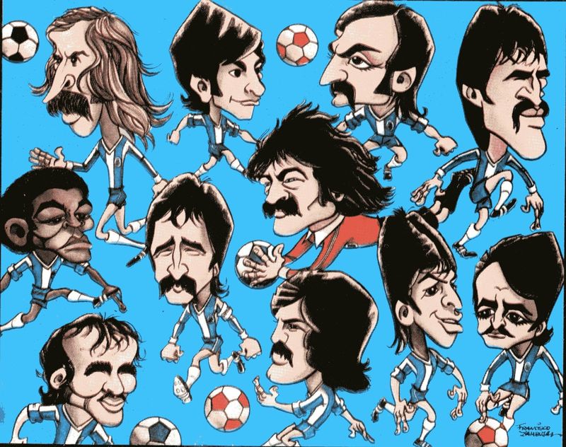 Colour caricature of FC Porto players on a blue background