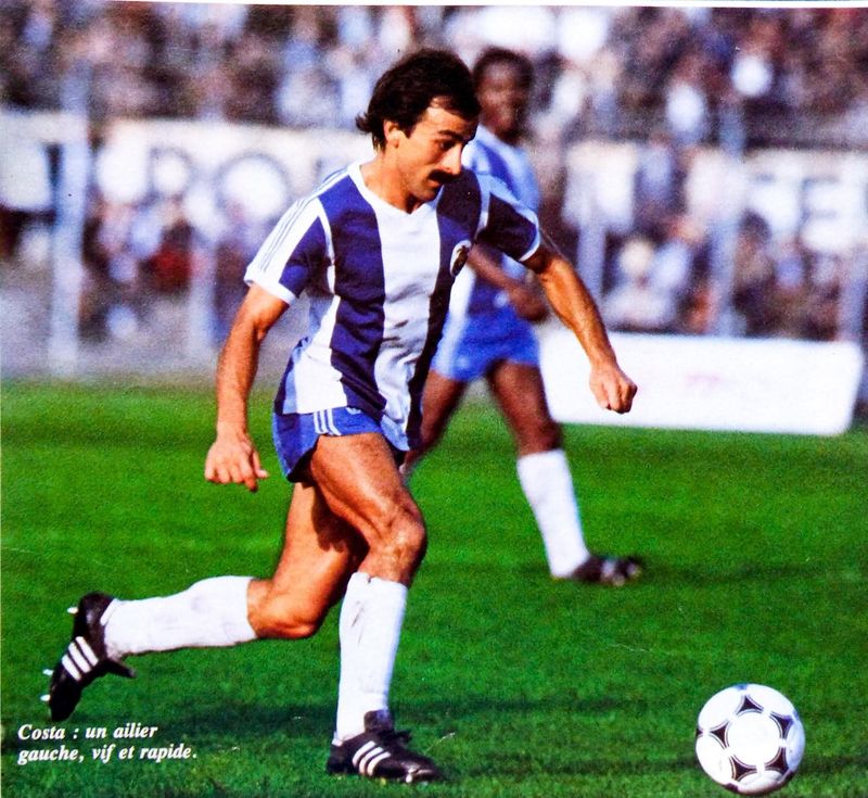 José Costa running with the ball in the FC Porto striped shirt, with a French caption in the corner