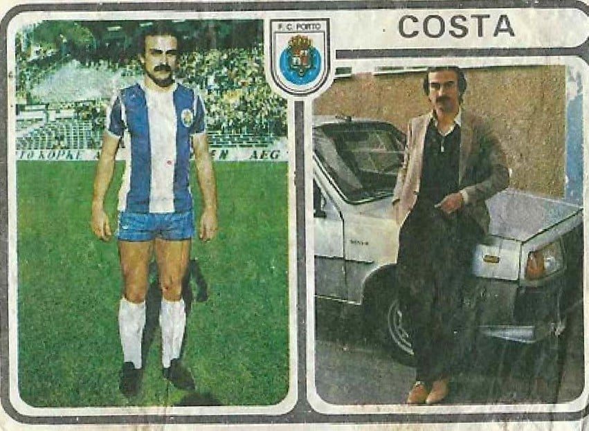 FC Porto sticker card headed “Costa”, with him in the kit on one side and dressed up beside a car on the other