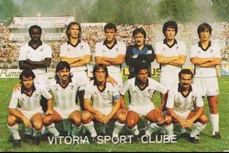 Vitória Sport Clube team photo in white shirts, with the club name printed along the bottom